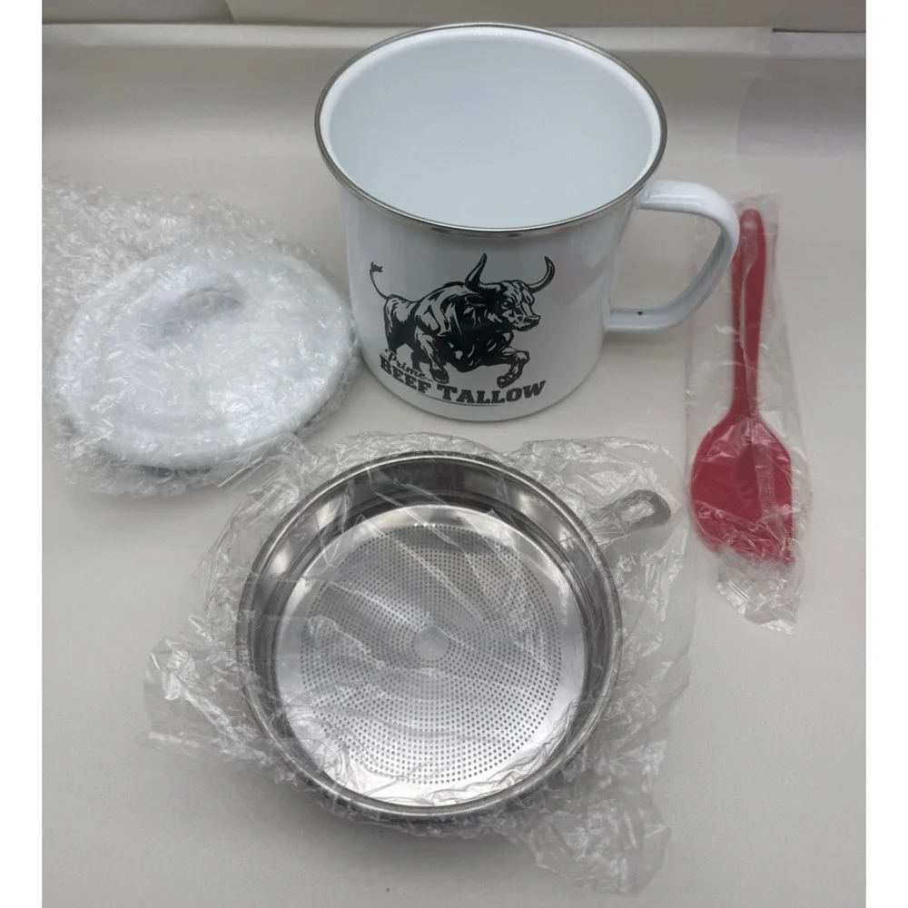 Beef Tallow Container w/strainer for Fat Storage – 40 floz – 1.1 L – Bacon *READ